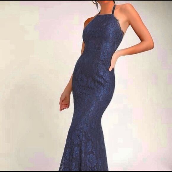 Lulu's Zenith Navy Blue Lace Sleeveless 
Halter Maxi Dress NWT size Large - Picture 16 of 16